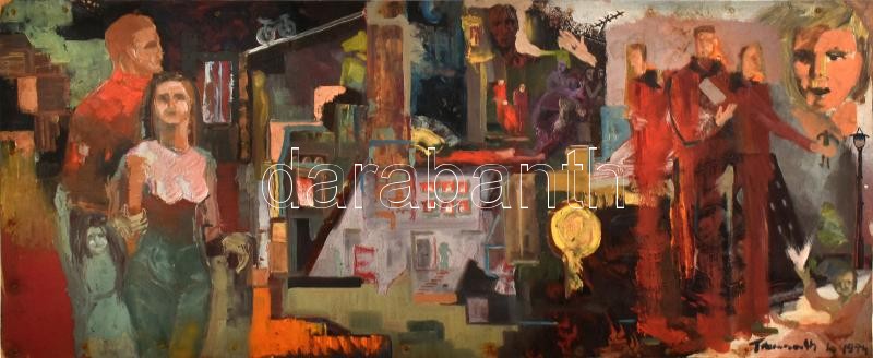 Olvashatatlan jelzéssel: Városi élet, 1974. Olaj, farost. Bal felső sarkában kissé sérült. 30x71,5 cm