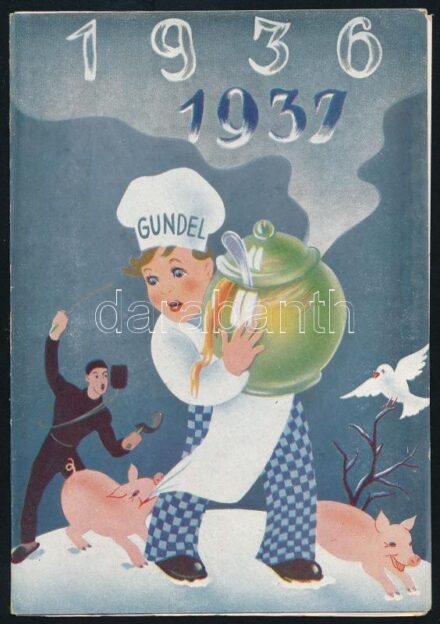 1936 A budapesti Gundel Étterem 1936. szilveszteri menüsora magyar és francia nyelven, dekoratív kartonborítóban, szép állapotban