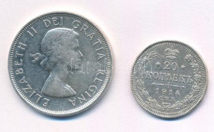 Orosz Birodalom 1914. 20k Ag + Kanada 1954. 50c Ag 'II. Erzsébet' T:2 Russian Empire 1914. 20 Kopecks Ag + Canada 1954. 50 cents Ag 'Elizabeth II' C:XF