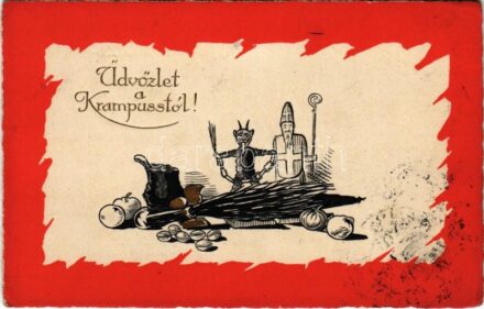 1927 Üdvözlet a Krampusztól! Mikulás / Krampus greeting with Saint Nicholas (EK)