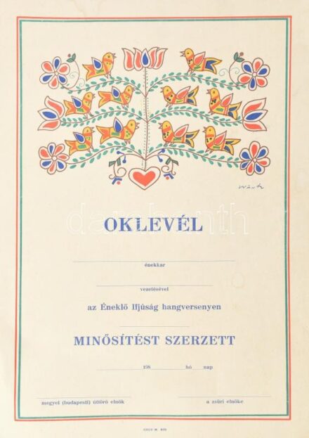 cca 1980 Ének oklevél Würtz Ádám grafikájával 25x35 cm