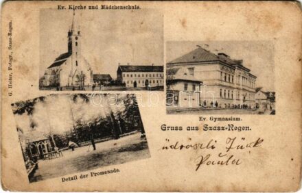 1907 Szászrégen, Reghin; Evangélikus templom, leány iskola és gimnázium, sétány. G. Heiter / church, schools, promenade (fl)