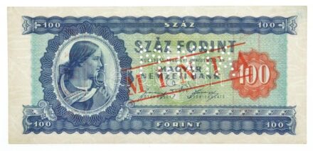 1946. 100Ft 'B 095 - 056558' sorozat és sorszámmal, piros 'MINTA' felülnyomással és perforációval T:I,I- kis festékfolt Hungary 1946. 100 Forint with 'B 095 - 056558' serial number and with red 'MINTA' (SPECIMEN) overprint and perforation