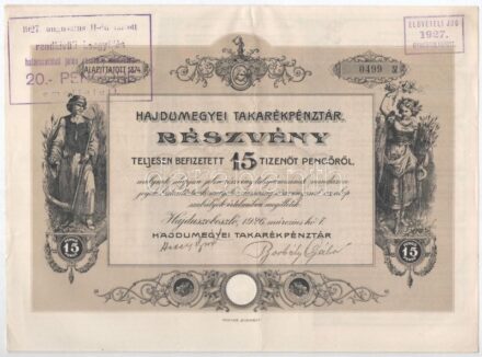 Hajdúszoboszló 1926. 'Hajdúmegyei Takarékpénztár' részvénye 15P-ről szelvényekkel, felülbélyegzéssel, szárazpecséttel T:II- kis szakadás