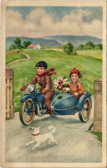 1950 Children art postcard, motorcycle with sidecar, romantic couple. 'ERIKA' Nr. 1270. (EK)