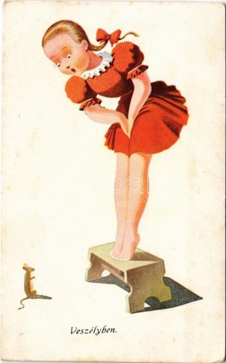 Veszélyben / Children art postcard, mouse, humour (EK)