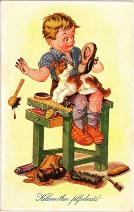 Kellemetlen felfedezés! / Children art postcard, shoe with hole, humour
