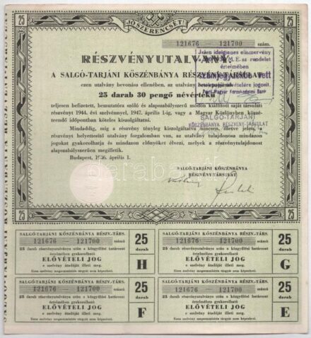 Budapest 1946. 'A Salgó-Tarjáni Kőszénbánya Részvény-Társulat' részvényutalványa huszonöt darab 30P névértékű és 100db 30P névértékű részvényre, szelvényekkel, szárazpecséttel, bélyegzéssel T:II,II- tűlyukak