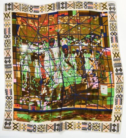 Színes selyem kendő festett üveg jellegű mintával, kézzel szegett, kb. 90x87 cm