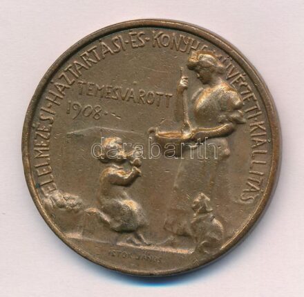 Istók János (1873-1972) 1908. 'Élelmezési-Háztartási és Konyhaművészeti Kiállítás - Temesvárott 1908. / Érdem jutalma' kétoldalas fém emlékérem (45mm) T:2- patina, ü.