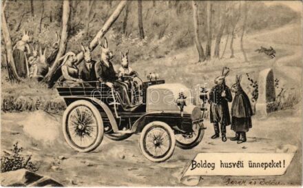 1903 Boldog húsvéti ünnepeket! / Easter greeting art postcard, rabbits with automobile (EK)