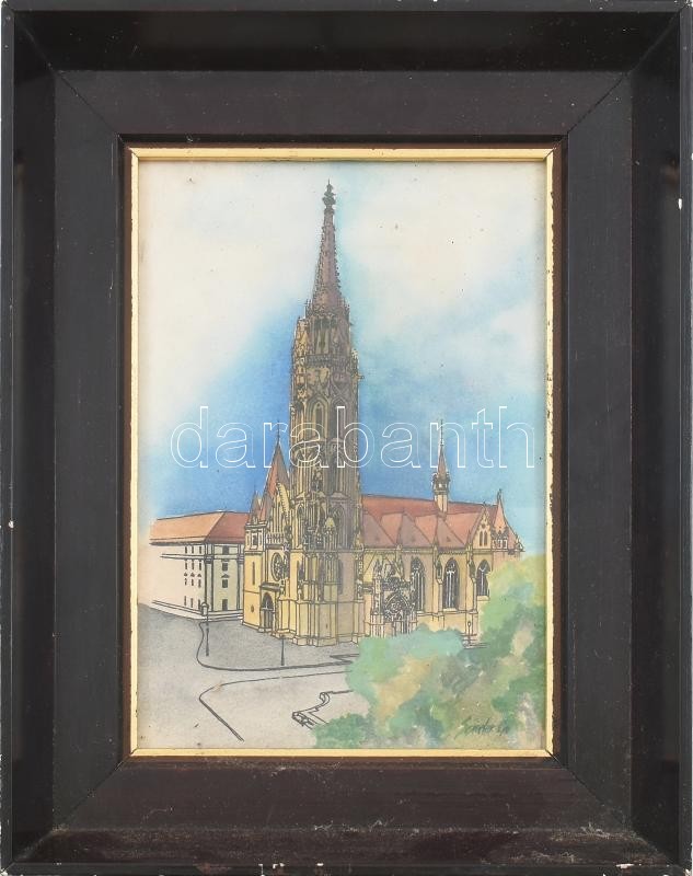 Sándor György (?-): Mátyás templom. Akvarell, papír. Jelzett. Üvegezett, kopott fakeretben.22,5x16 cm