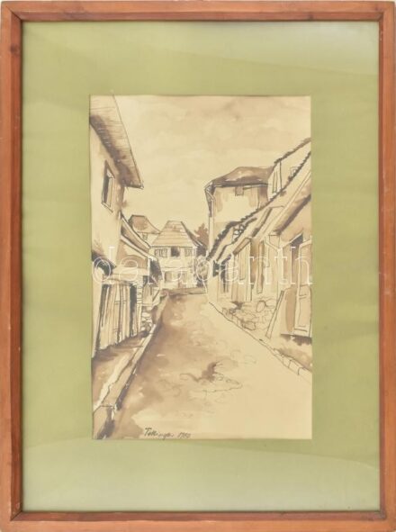 Olvashatatlan jelzéssel: Utcarészlet. Tus, papír. Üvegezett fakeretben. 44,5x30 cm