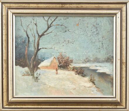 Ács Ágoston jelzéssel: Téli táj. Olaj, farost. Kissé sérült. Dekoratív, kissé kopott fakeretben, 21,5x26,5 cm.