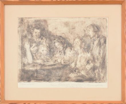 Pirk János (1903-1989): Téli estén. Rézkarc, papír, jelzett. Pirk János autográf ajándékozási soraival Paizs Tibornak. Üvegezett fakeretben. 19x25 cm