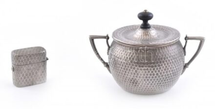 Cukortartó és gyufatartó, fém, kopásnyomokkal, m: 4,5-10 cm