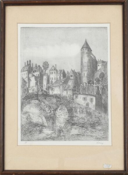 Déry jelzéssel: Város toronnyal. Rézkarc, papír, üvegezett fakeretben. 29x22,5 cm