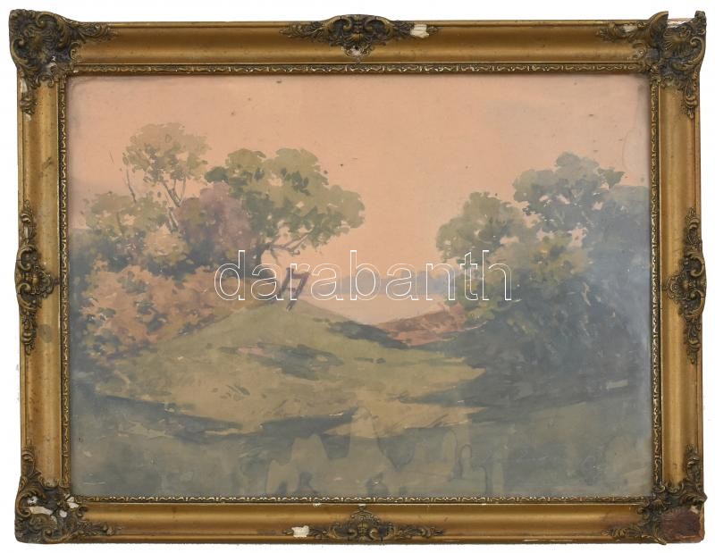 Komáromi-Kacz Endréné (1883-1954): Vízparti táj. Akvarell, papír. Jelezve jobbra lent. Dekoratív, üvegezett, sérült fakeretben. 30x40 cm