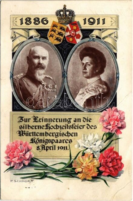 1886-1911 Zur Erinnerung an die silbernehochzeitsfeier des Württembergischen Königspaares 8. April / Silver wedding anniversary of Wilhelm II. (Württemberg) and his wife Charlotte zu Schaumburg-Lippe. Eckstein & Stähle Art Nouveau, floral,