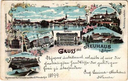 1899 (Vorläufer) Jindrichuv Hradec, Neuhaus i. Böhmen; Schloss, Schlossbrunnen, Sparkasse, Hauptplatz, Kaserne / castles, main square, savings bank, K.u.k. military barracks. Karl Schwidernoch Art Nouveau, floral, litho (EK)