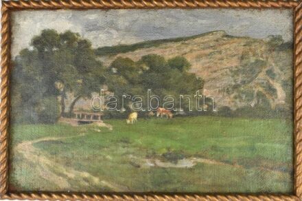 Jelzés nélkül: Legelésző tehenek. Olaj, vászon, dublírozott. Dekoratív fakeretben.31x50 cm