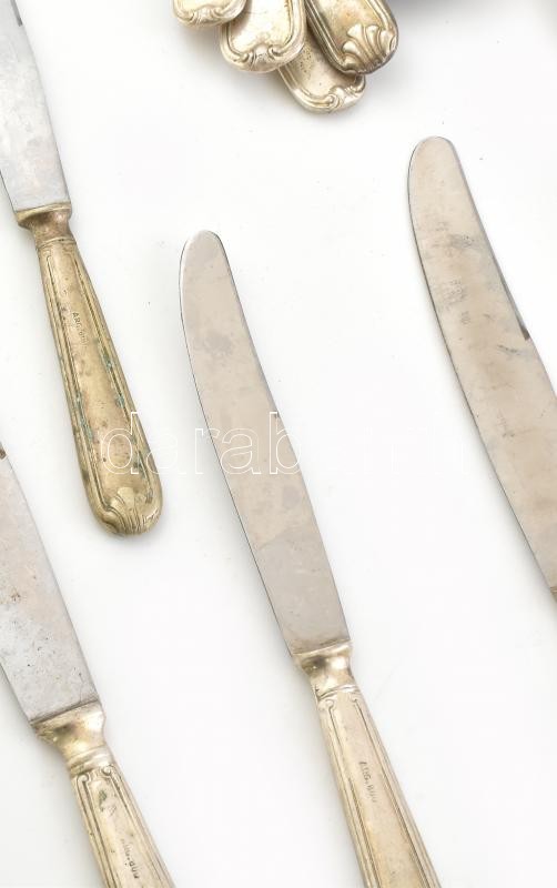 77 db-os ezüstözött evőeszköz készlet: 1 db szervírozó kanál, 1 db szervírozó villa, 11 db normál kanál, 11 db közepes kanál, 9 db teás kanál, 12 db normál villa, 12 db közepes villa, 10 db normál kés, 10 db közepes kés, nem - Image 3