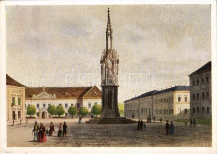 Budapest I. Szent György tér a várban. Rudolf Alt rajza után készült színezett kőnyomat Sandmanntól (EK)