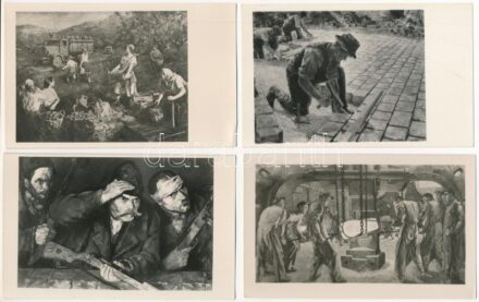 4 db MODERN magyar szocreál propaganda képeslap: almaszedők, partizánok, győztes műszak, kövezők (Művészeti Alkotások) / 4 modern Hungarian Socialist propaganda postcards