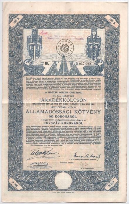 Budapest 1914. 'A Magyar Korona Országai 6%-kal kamatozó Járadékkölcsön' államadóssági kötvénye 100K-ról szelvényekkel, bélyegzéssel T:III