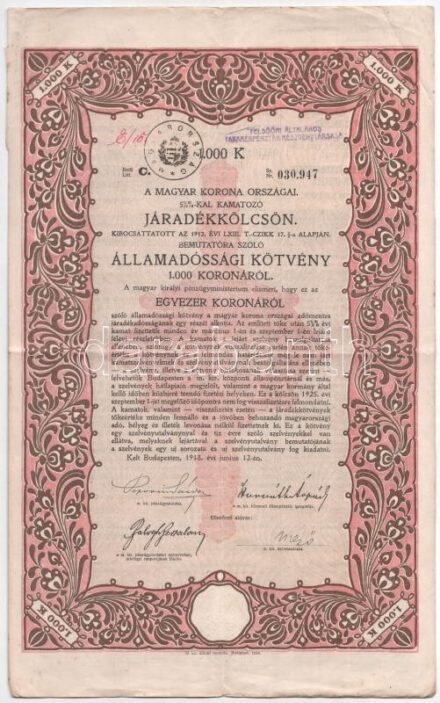 Budapest 1918. 'A Magyar Korona Országai 6%-kal kamatozó Járadékkölcsön' államadóssági kötvénye 1000K-ról szelvényekkel, bélyegzéssel T:III