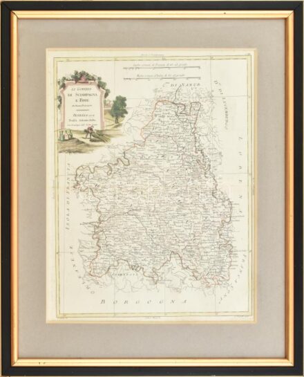 Zatta, Antonio (1757-1797): Li Governi di Sciampagna e Brie (Franciaország részének térképe). Di Nuova Projezione, 1777. Rézmetszet, papír, jelzett a metszeten, határszínezett. Üvegezett fakeretben, 40x31 cm / Parts of France, old map,