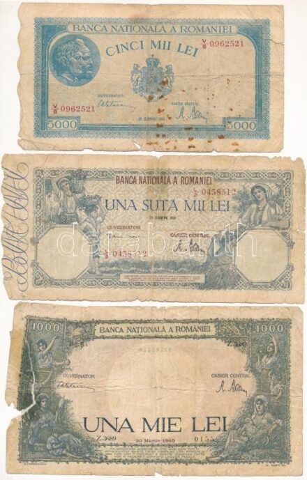 Románia 1945. 1000L + 1945. 5000L + 1946. 100.000L T:III-,IV Romania 1945. 1000 Lei + 1945. 5000 Lei + 1946. 100.000 Lei C:VG,G