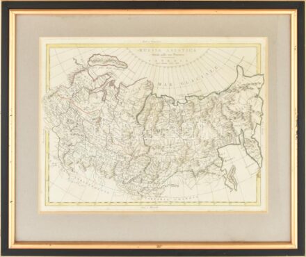 Russia Asiatica (Az ázsiai Oroszország térképe), XVIII. sz. vége. Rézmetszet, papír, határszínezett. Zatta, Antonio és fiai kiadása. Üvegezett fakeretben, 32x42 cm / Asian Russia, old map, end of 18th century, engraving, hand-coloured,