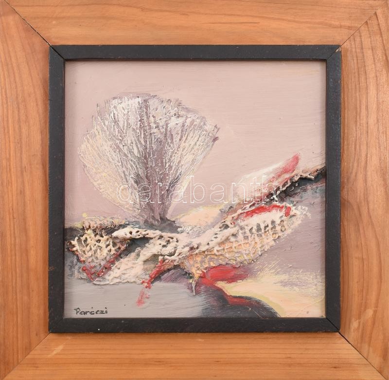 Paróczi Ágnes (1937-): Emlék. Olaj, textilrelief, farost, jelzett, hátoldalán Vizualart Alkotóközösség címkéjén feliratozott, fa keretben, 21×21 cm