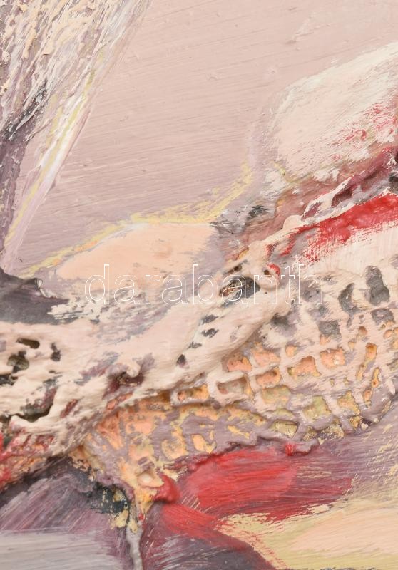 Paróczi Ágnes (1937-): Emlék. Olaj, textilrelief, farost, jelzett, hátoldalán Vizualart Alkotóközösség címkéjén feliratozott, fa keretben, 21×21 cm - Image 2