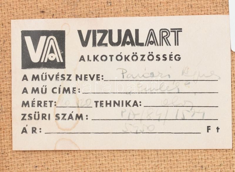 Paróczi Ágnes (1937-): Emlék. Olaj, textilrelief, farost, jelzett, hátoldalán Vizualart Alkotóközösség címkéjén feliratozott, fa keretben, 21×21 cm - Image 4