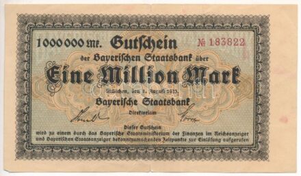 Németország / Weimari Köztársaság / München 1923. 1.000.000M szükségpénz vízjeles papíron, piros sorszámmal T:III szakadás, de erős papír Germany / Weimar Republic / München 1923. 1.000.000 Mark necessity note on watermarked paper,