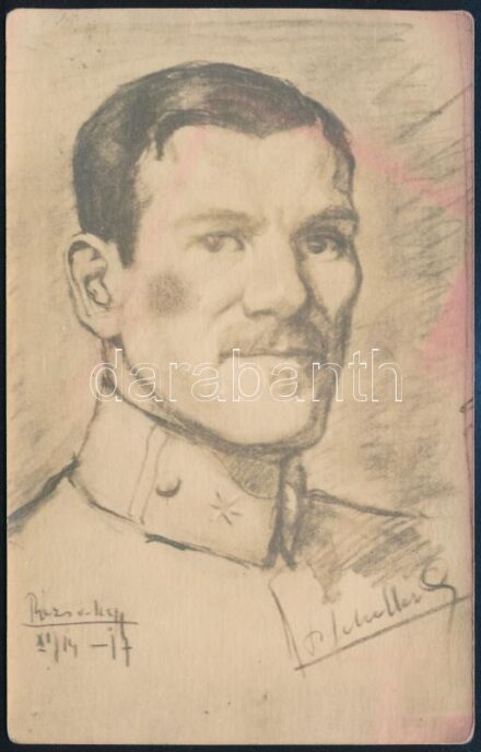 1927 I. világháborús katona önarcképe, grafikáról készített fotólap, a művész által megírva, 13,5x8,5 cm