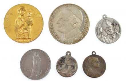 6db-os vegyes vallási érem tétel, közte Vatikán 1941. 1L 'XII. Pius', 'II. János Pál' fém emlékérem T:1--2 6pcs of mixed religious medal lot, with Vatican 1941. 1 Lire 'Pius XII' , 'John Paul II' metal commemorative medallion C:AU-XF