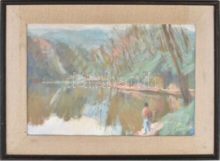 Zirkelbach László (1916-2014): Dunabogdány, Bergman tó, 1998. Olaj, papír, jelzett. Üvegezett fakeretben, 36x51 cm