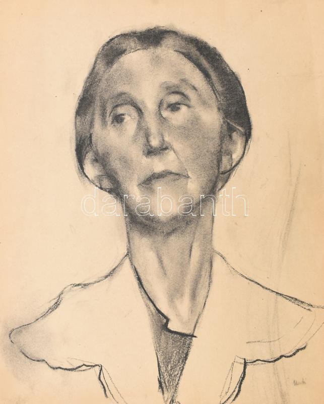Undi Mariska (1877-1959): Női portré. Szén papír. Jelezve jobbra lent. Lapszéli apró sérüléssekkel. 42,5×36 cm