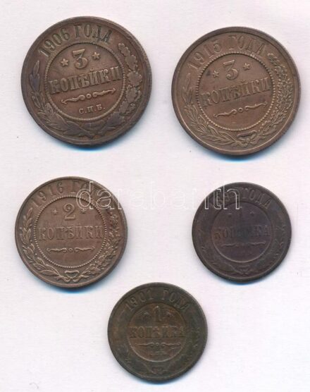 Orosz Birodalom 1894-1901. 1k Cu (2xklf) + 1916. 2k Cu + 1906-1915. 3k Cu (2xklf) T:2-,3 Russian Empire 1894-1901. 1 Kopeck Cu (2xdiff) + 1916. 2 Kopecks Cu + 1906-1915. 3 Kopecks Cu (2xdiff) C:VF,F