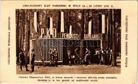 Spala, Jubileuszowy Zlot Harcerski w Spale 11-25 Lipiec 1935. Zlotowa Ekspozytura PKO, w której harcerki i harcerze skladaja swoje pieniadze chroniac je w ten sposób od mozliwosci utraty / Jubilee Scout Rally in Spała, July 11-25, 1935. PKO
