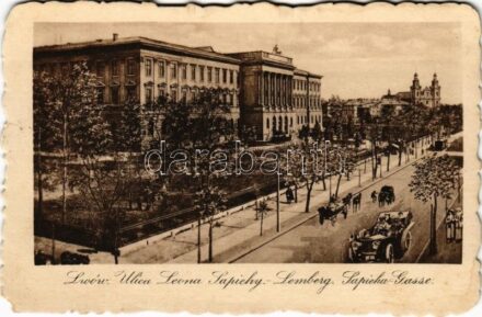 1918 Lviv, Lwów, Lemberg; Ulica Leona Sapiehy / Sapieha-Gasse / street view, automobile, tram + 'K.u.K. Festungszeugsabteilung No. 8.' 'K.U.K. ETAPPENPOSTAMT 185' (EM)