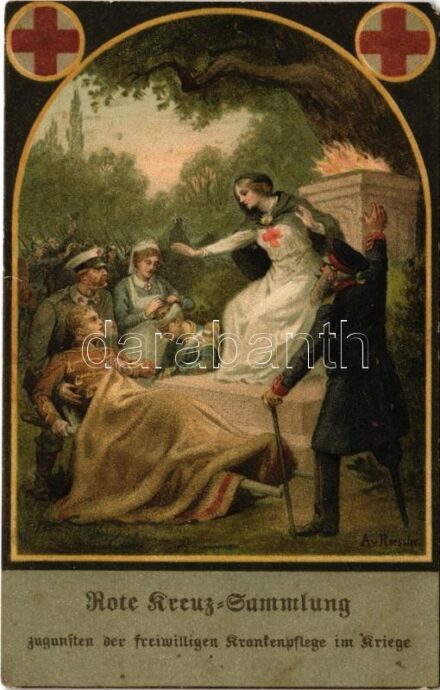 1916 Rote Kreuz-Sammlung zugunsten der freiwilligen Krankenpflege im Kriege / WWI Austro-Hungarian K.u.K. military art postcard, Red Cross propaganda. litho s: A.v. Roessler (EM)