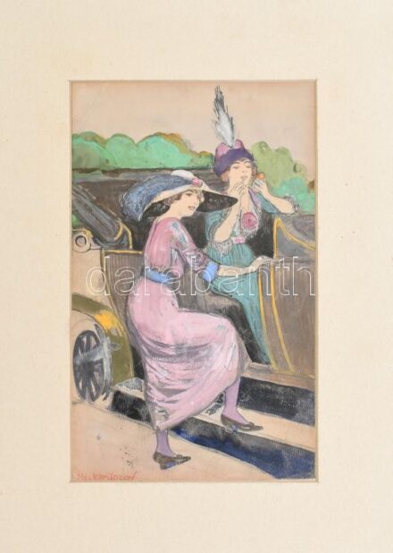 Hecker József (?-?): Hölgyek automobillal. Vegyes technika, papír, paszpartuban, kisebb sérülésekkel, 28,5×18 cm