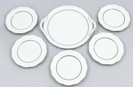 Herendi porcelán süteményes készlet, 5+1, hiányos, kézzel festett, jelzett, minimális kopással