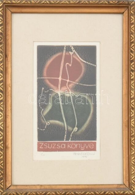 Feszt László (1930-2013): Zsuzsa könyve. Rézmetszet, papír, jelzett, 14×7,5 cm, üvegezett fakeretben