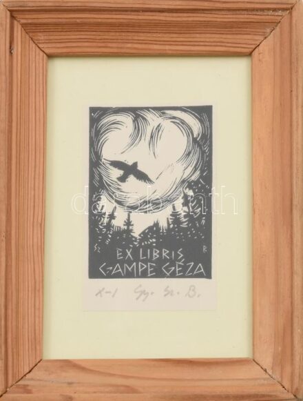 Gy. Szabó Béla (1905-1985): Ex libris Campe Géza. Fametszet, papír, jelzett, 7×5 cm, üvegezett fakeretben