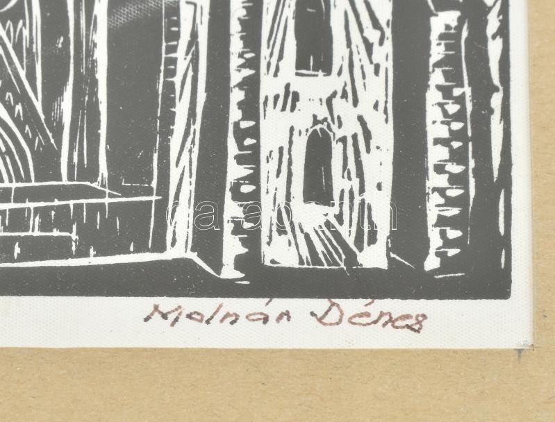 Molnár Dénes (1947-2000): Gyulafehérvár. Fametszet, papír, jelzett, 13×9 cm, üvegezett fakeretben - Image 2